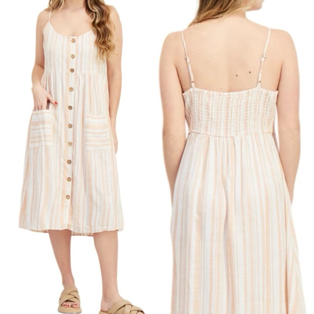 Roxy Striped Sundress XL Smocked Back Button Front Pockets Midi Beachy Coastal